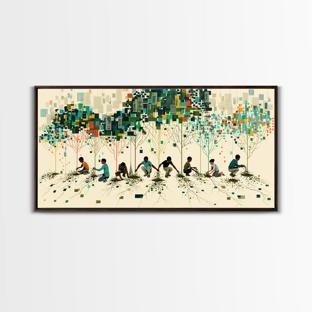 Children Planting Digital Forest Wall Art, African Community Tree Artwork, Modern Afrocentric Decor, Eco Living Room Print