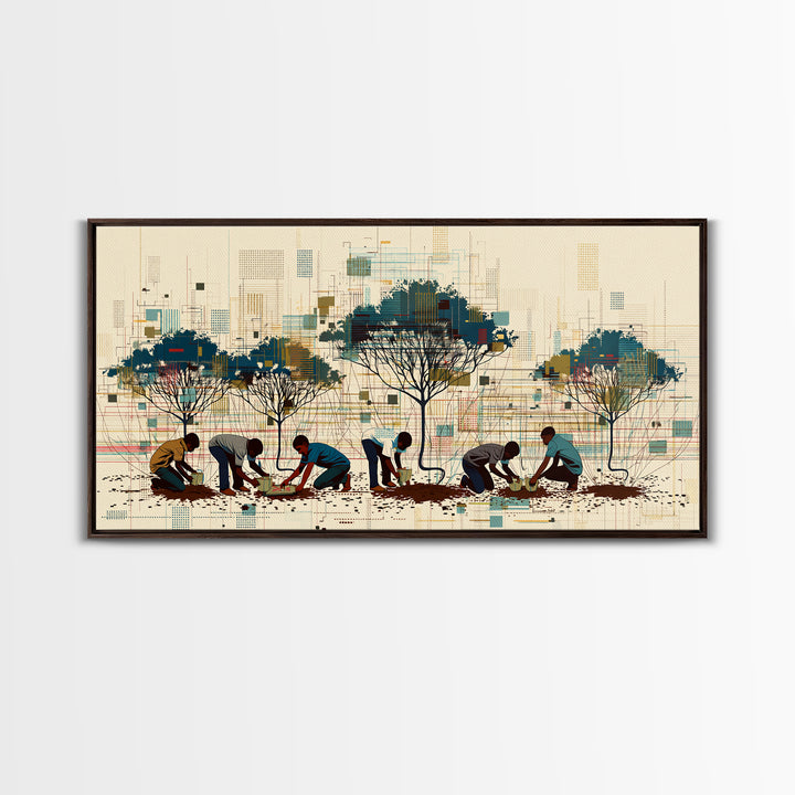 Community Tree Planting Wall Art, African Landscape With Acacia Trees, Modern Afrocentric Print, Cultural Home Decor Gift