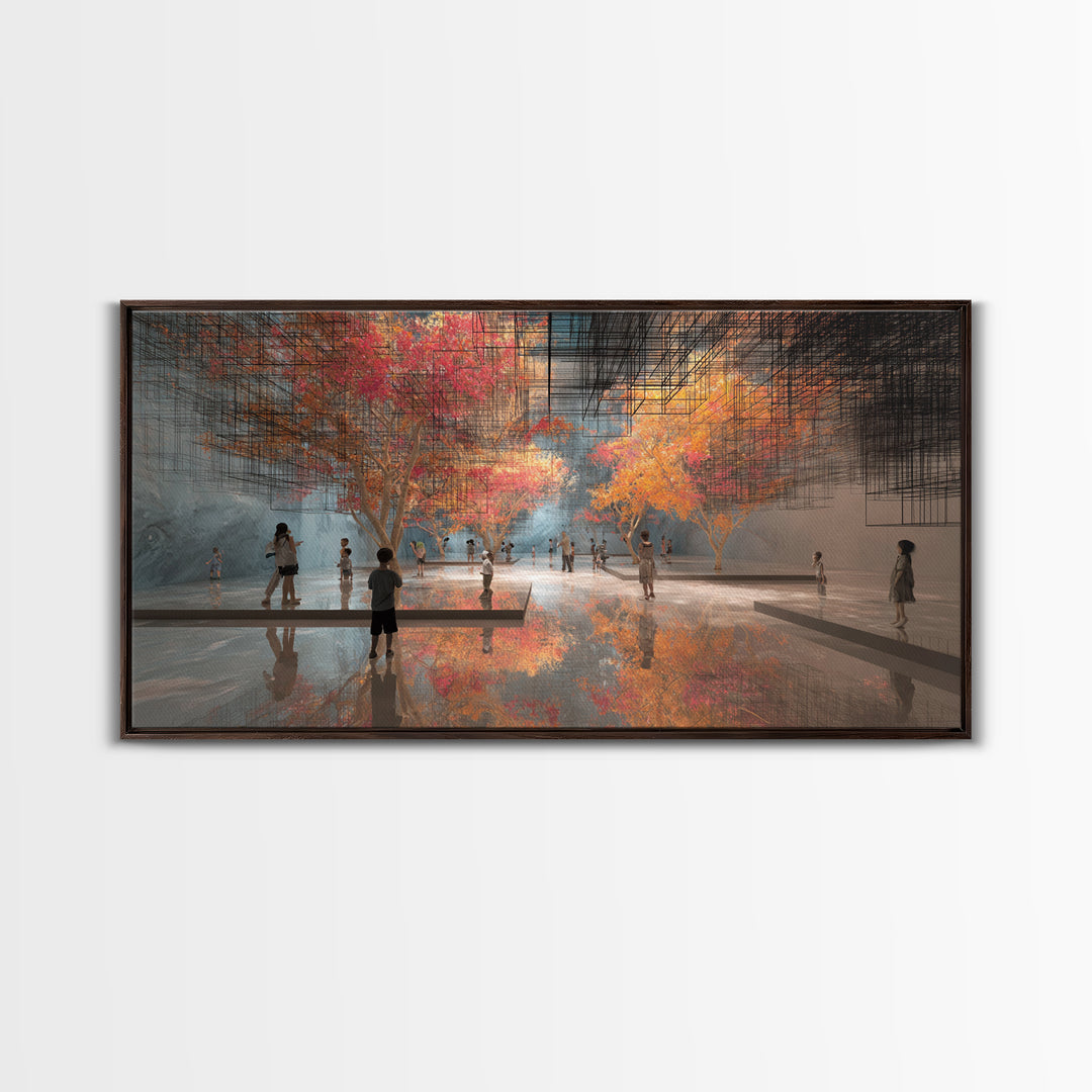 Futuristic Autumn Indoor Park Wall Art, Children In Reflective Gallery, Dreamy Modern Nature Scene, Large Decor Canvas Print