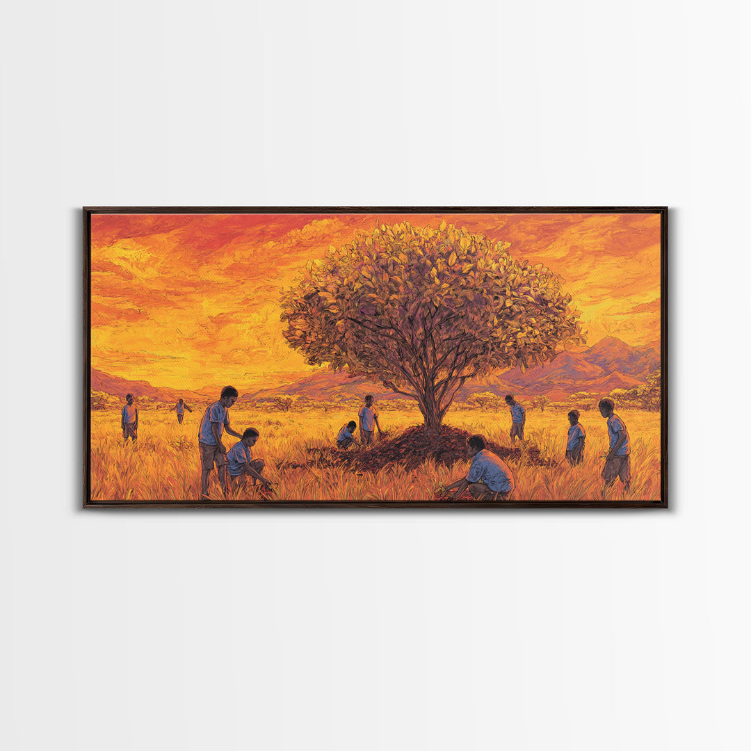 Golden Savanna Tree Framed Canvas Print, African Children Landscape, Sunset Safari Art, Warm Cultural Wall Decor Gift Print