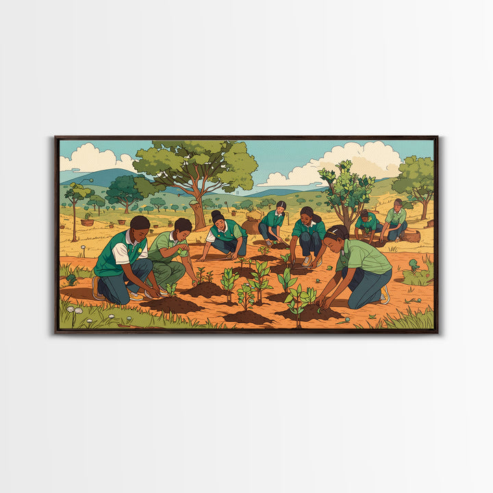 Students Planting Saplings Canvas Print, African Safari Landscape, Youth Garden Artwork, Green Nature Wall Decor Gift For Kids
