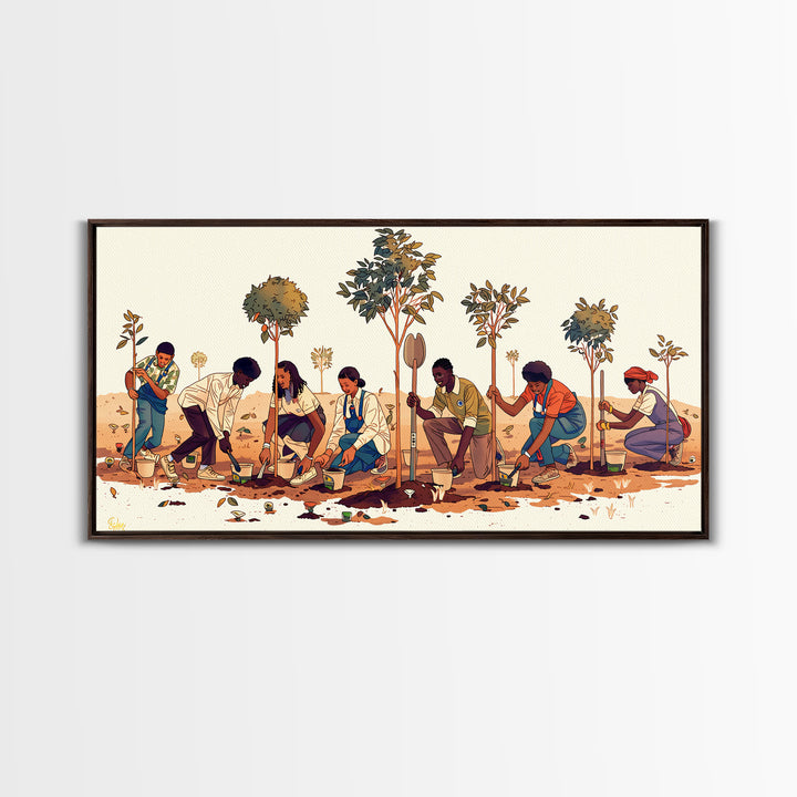 Tree Planting Volunteers Wall Art, African Community Garden Scene, Boho Cultural Artwork, Earth Tone Home Decor Print Gift