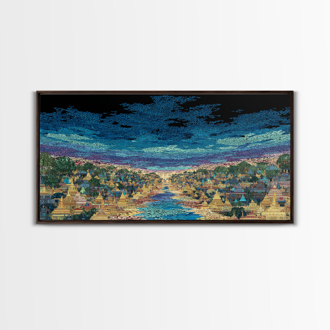 Glowing River City Skyline At Twilight Wall Art, African Inspired Landscape, Luxury Canvas Decor, Living Room Statement Gift
