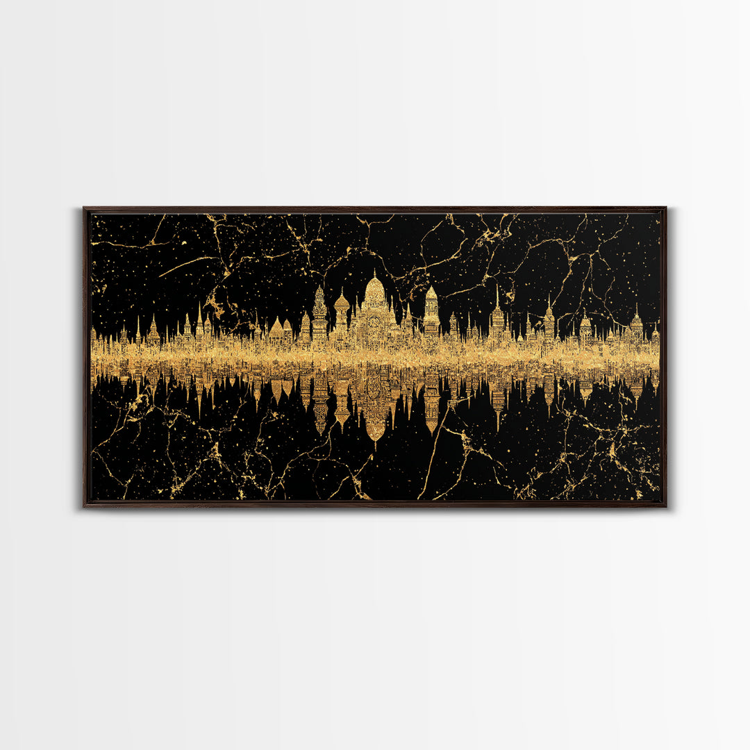 Golden Temple Skyline Reflection Framed Canvas Print, African Inspired Black And Gold Wall Decor, Luxury Statement Art Gift