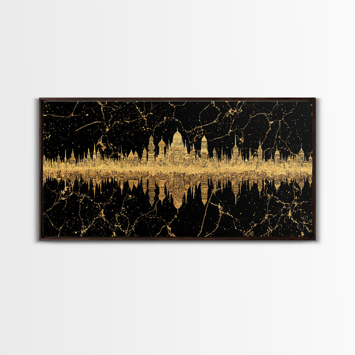 Golden Temple Skyline Reflection Framed Canvas Print, African Inspired Black And Gold Wall Decor, Luxury Statement Art Gift