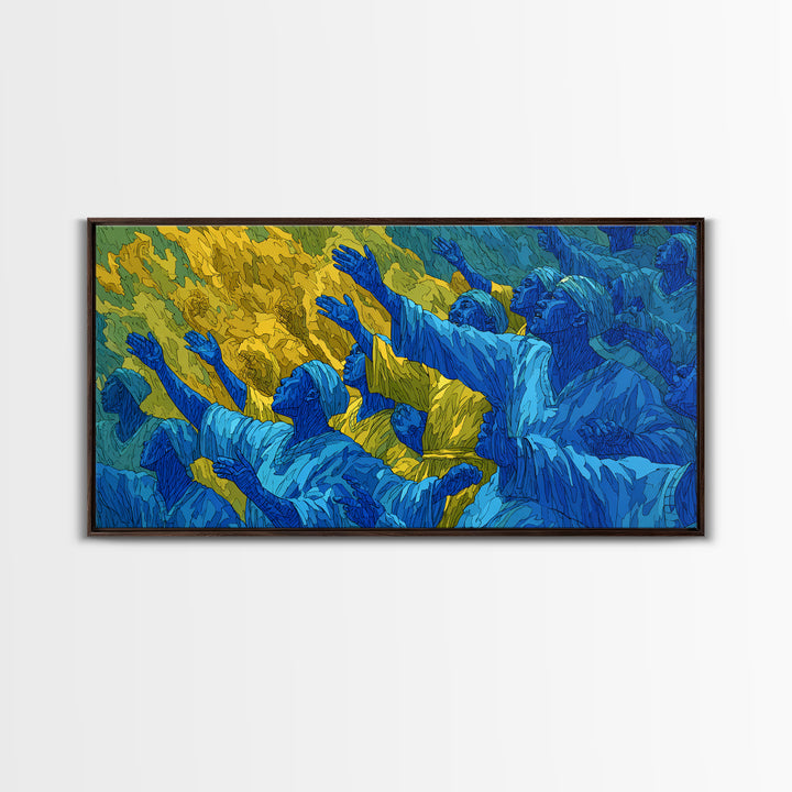 Blue And Gold African Praise Crowd Wall Art, Spiritual Celebration, Afrocentric Cultural Decor, Living Room Home Decor Gift