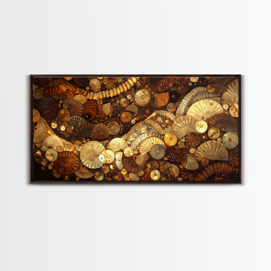 Gold Brown Shell Mosaic Wall Art, Abstract African Patterns, Luxury Art Home Decor, Earth Tone Bohemian Framed Canvas Print