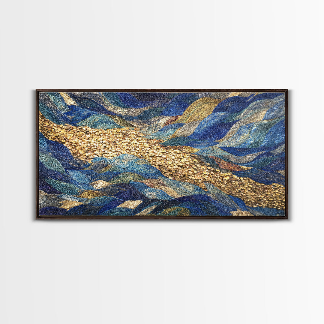 Blue Gold River Mosaic Wall Art, African Landscape, Textured Art Print, Coastal Abstract Decor, Modern Large Canvas Print