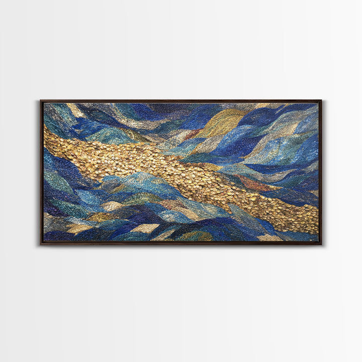 Blue Gold River Mosaic Wall Art, African Landscape, Textured Art Print, Coastal Abstract Decor, Modern Large Canvas Print