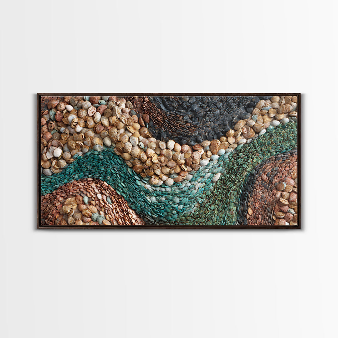 Teal Earth Shell Landscape Wall Art, Textured African Abstract, Boho Wall Decor, Nature Inspired Home Decor Framed Canvas Print