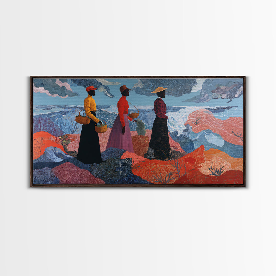 Three African Women By Stormy Sea Wall Art, Coastal Figurative Painting, Afrocentric Decor, Black Culture Art Print, Home Decor