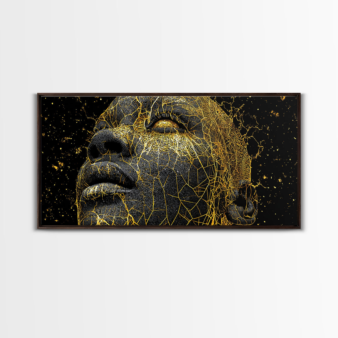 Golden Cracked Black Face Portrait Canvas Print, Abstract African Art, Melanin Artwork, Modern Black Art Decor, Gift For Him