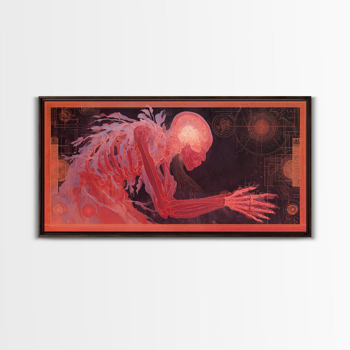 Pink Cybernetic Spirit Skeleton Framed Canvas Print, Futuristic Sci Fi Anatomy Wall Art, Mystical Afrocentric Decor Gift
