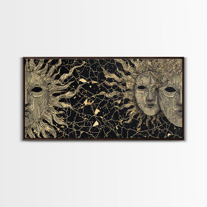 Golden African Masks On Black Abstract Wall Art, Tribal Mask Canvas Print, African Decor, Cultural Home Decor Gift, Statement Piece