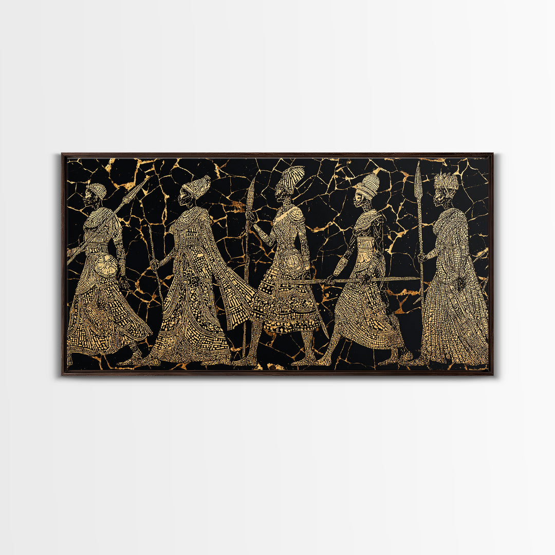 Gold Tribal Women Procession On Black Wall Art, African Patterns, Elegant Cultural Decor, Boho African Canvas Print For Bedroom