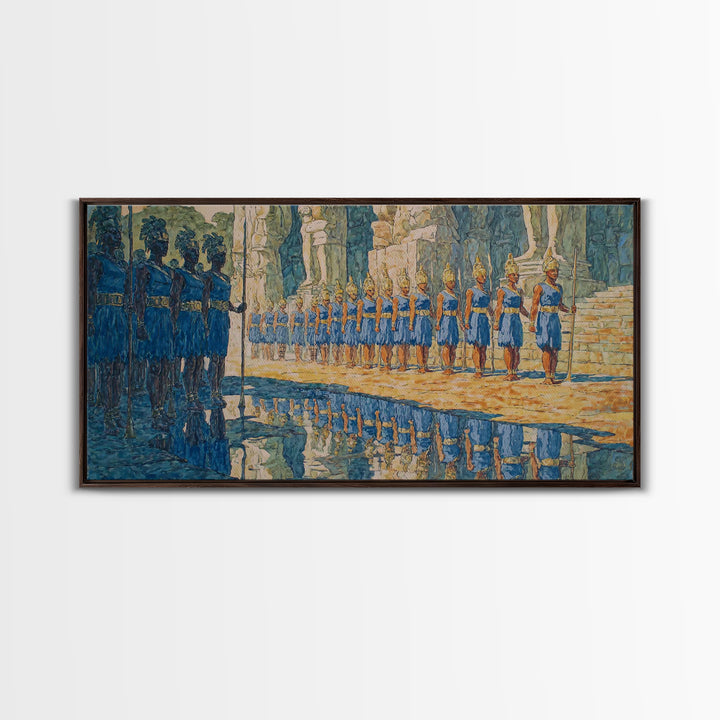 Blue Palace Guard Procession Canvas Print, African Warrior Art, Royal Cultural Wall Decor, Statement Living Room Artwork