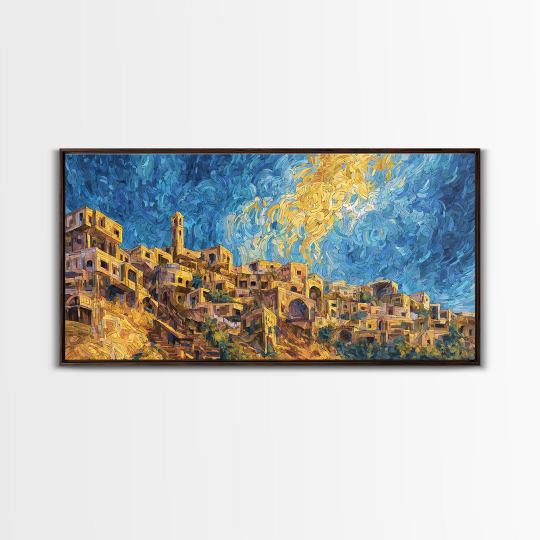 Swirling Sky Desert Village Framed Canvas Print, African Landscape Wall Art, Dreamy Blue Gold Home Decor, Unique Gift Idea
