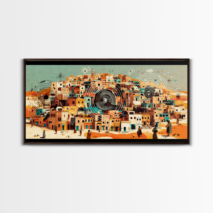 Panoramic Desert City With Circular Motifs Canvas Print, African Landscape, Modern Wall Art, Terracotta Home Decor Gift For Him