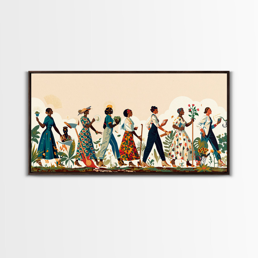 Elegant African Women Procession Wall Art, Floral Ankara Dresses, Feminine Afrocentric Decor, Black Woman Art Gift For Her