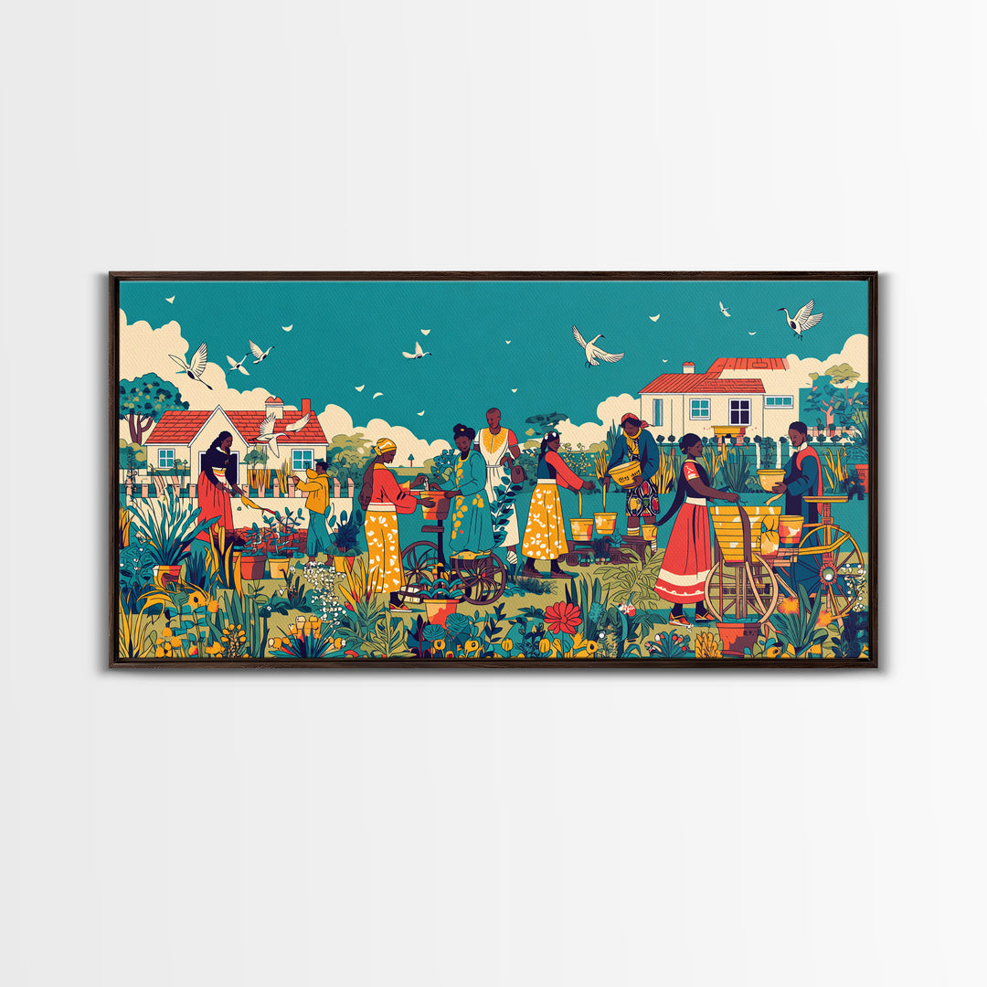 Joyful African Village Garden Canvas Print, Black Women Community Scene, Colorful Afrocentric Wall Decor, Housewarming Gift