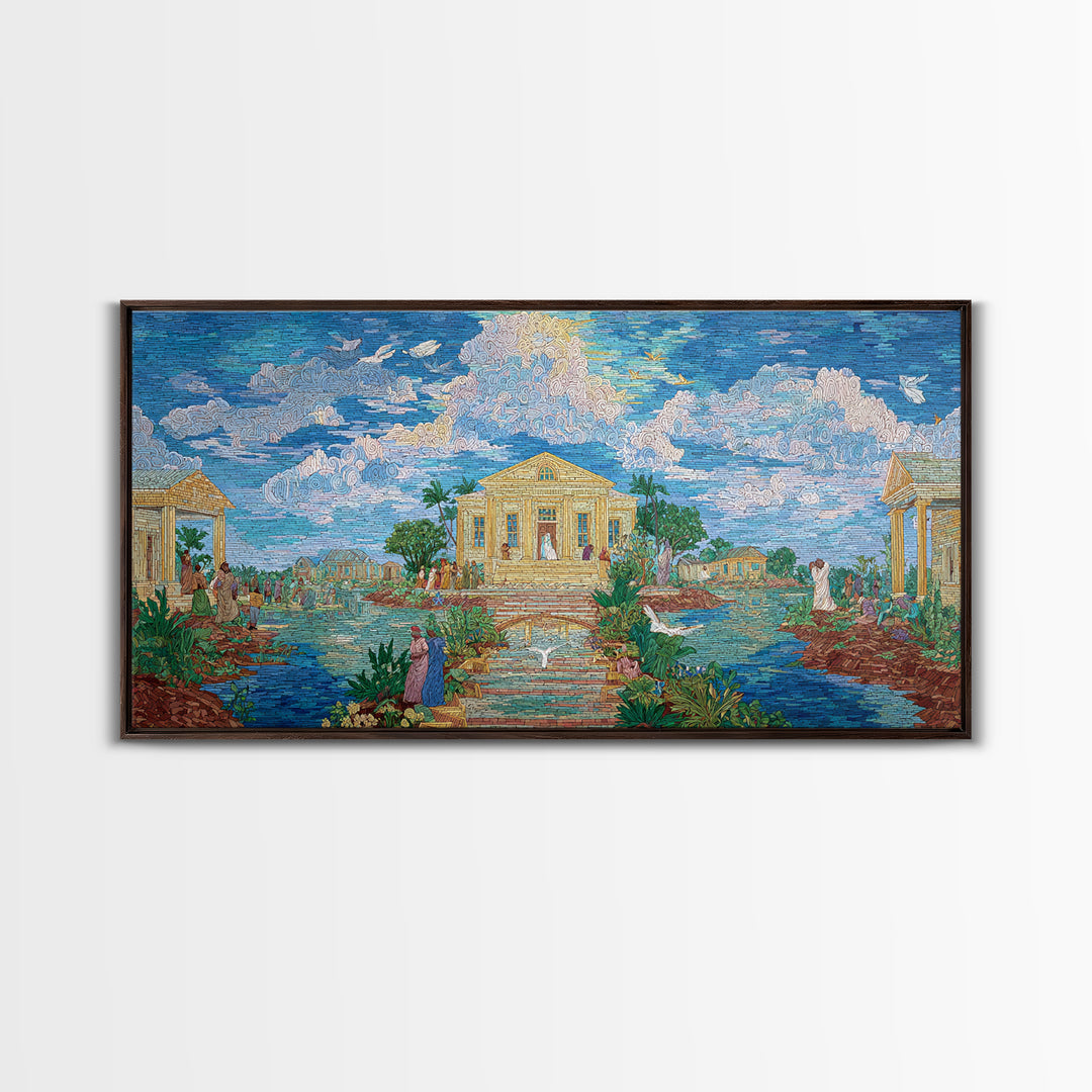 Dreamy Temple Lake Landscape Wall Art, Blue Impressionist Nature Scene, Spiritual African Inspired Decor, Elegant Home Gift