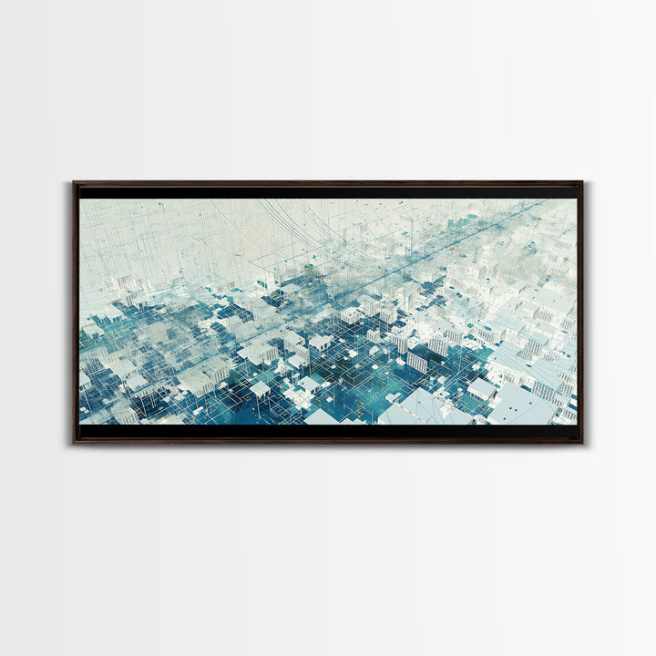 Abstract Blue City Grid Canvas Print, Minimalist Digital Landscape, Modern Wall Art, Cool Geometric Office Decor Art Gift