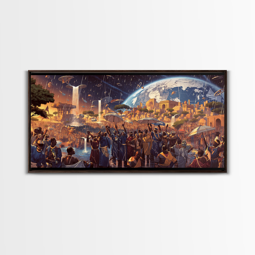 Afrofuturist African City Celebration Framed Canvas Print, Black Culture Art, Afrocentric Wall Art, Bold Home Decor, Statement Piece