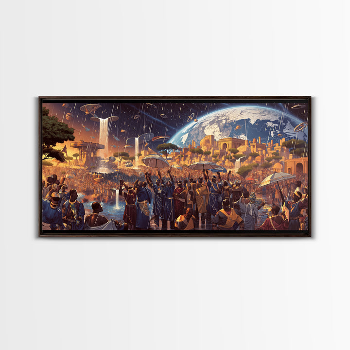 Afrofuturist African City Celebration Framed Canvas Print, Black Culture Art, Afrocentric Wall Art, Bold Home Decor, Statement Piece