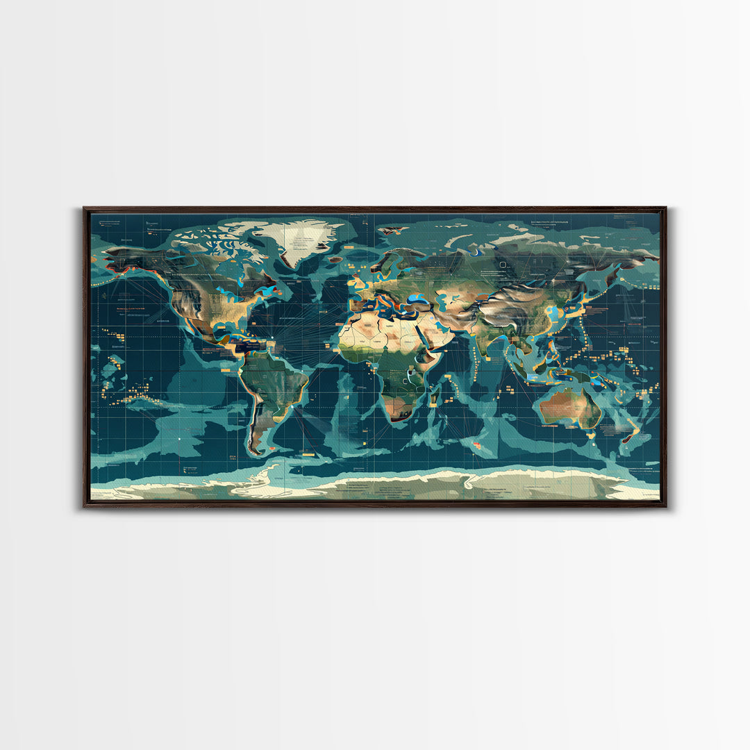 Teal Illustrated World Map Wall Art, Digital Art, Office Decor, Modern Wall Decor, Large Canvas Wall Art, Gift For Travelers