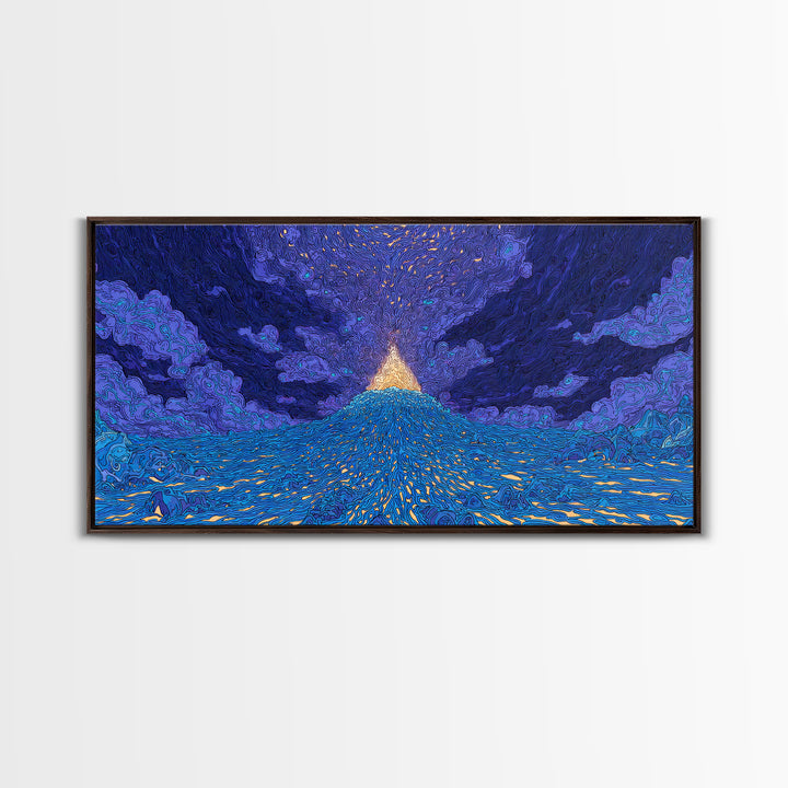 Glowing Golden Pyramid Over Blue Sea Wall Art, Mystical Wall Art, Spiritual Wall Decor, Dreamy Wall Art, Unique Home Decor