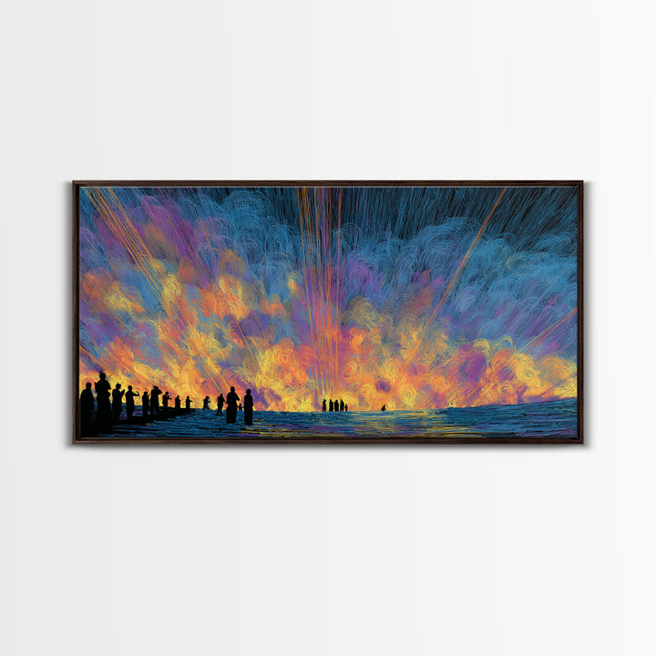 Cosmic Sunset Figures By The Sea Canvas Print, Colorful Wall Decor, Modern Abstract Art, Statement Wall Art, Unique Gift