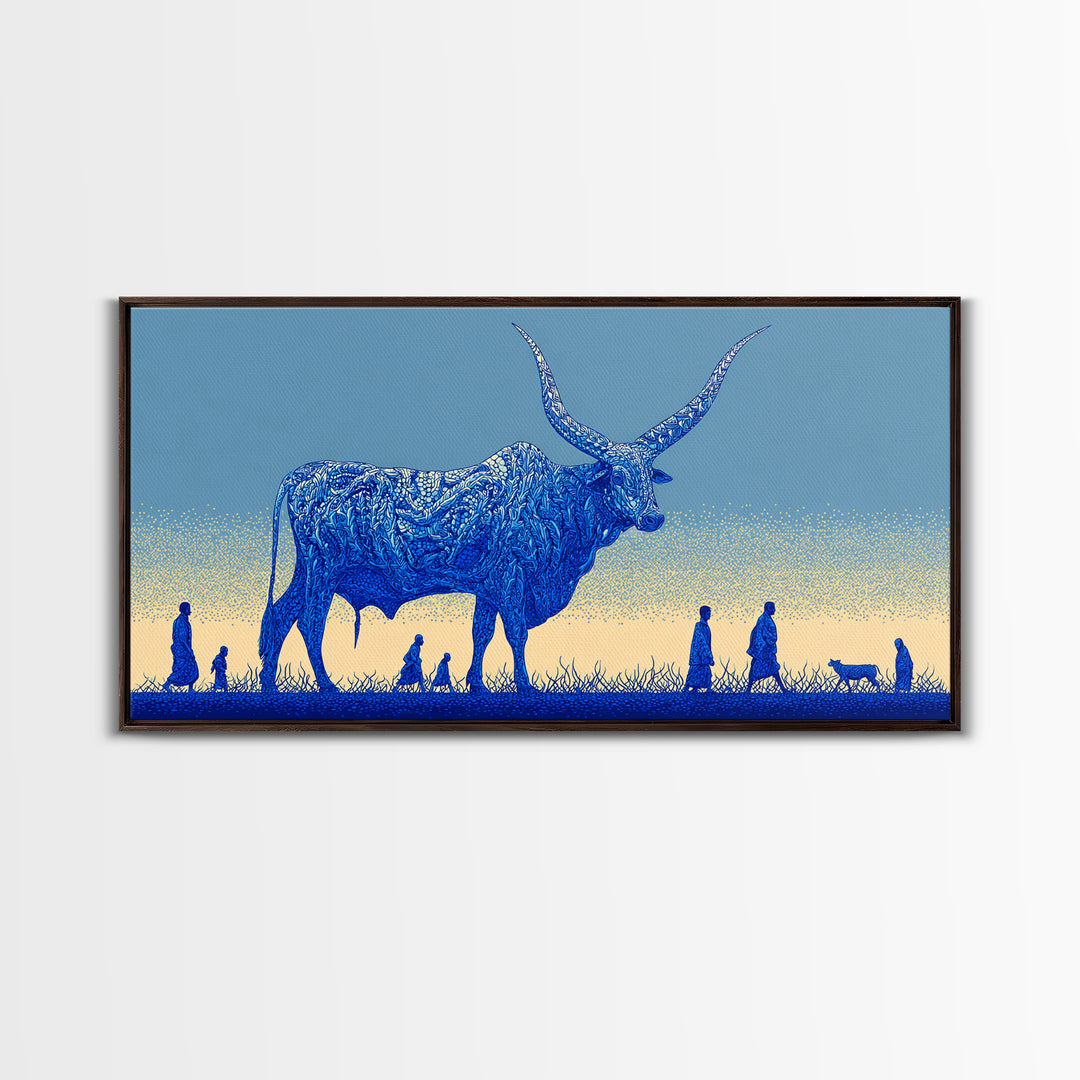 Giant Blue Longhorn Cattle Wall Art, African Animal Art Canvas Print, Safari Decor, Statement Living Room Wall Decor Gift
