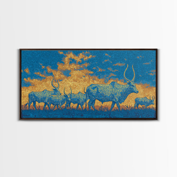 Blue And Gold Watusi Herd Wall Art, African Safari Art Canvas Print, Savanna Landscape, Colorful African Wall Decor Gift