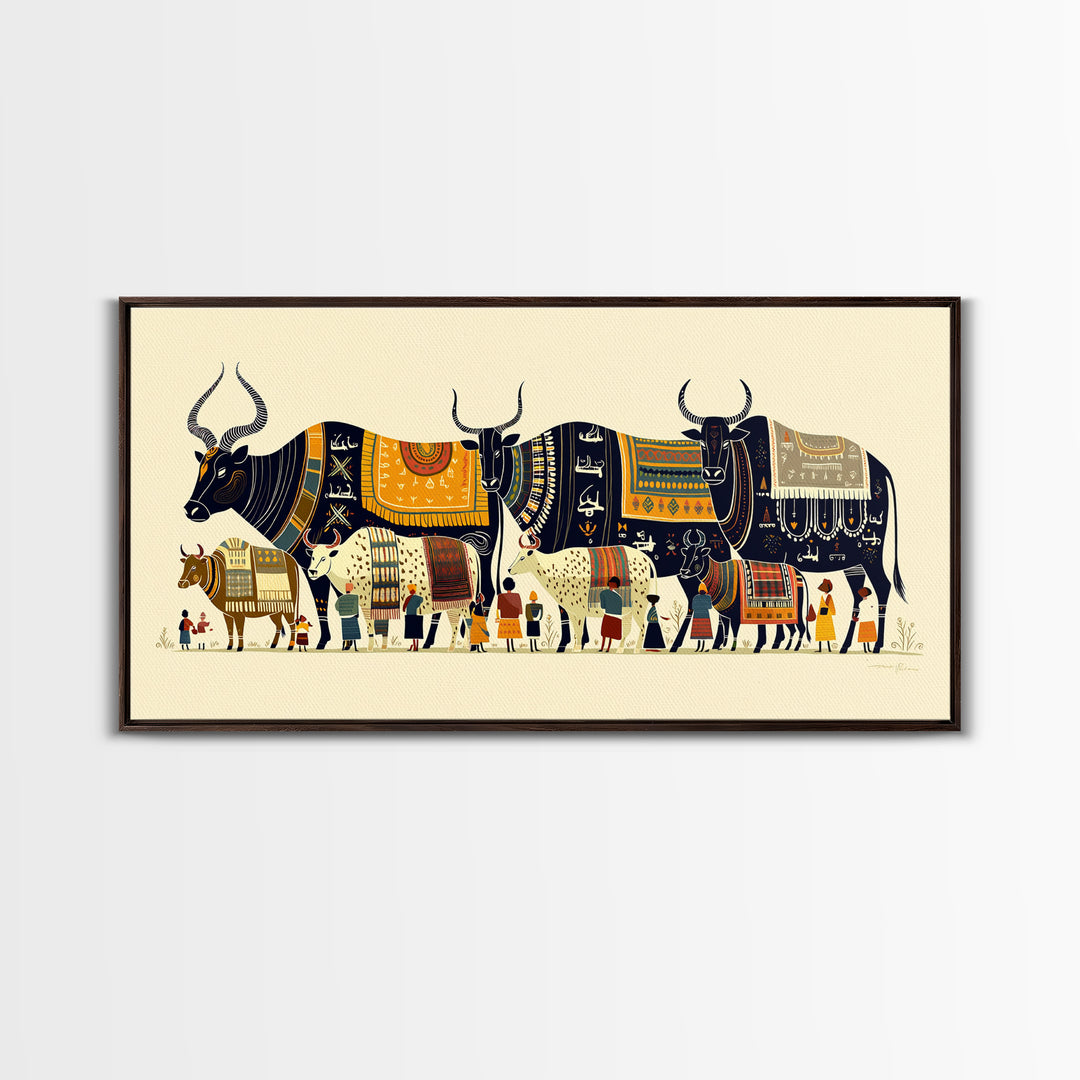 Patterned Watusi Cattle Parade Wall Art, African Fabric Canvas Print, Ankara Decor, Cultural Home Decor Unique Gift For Her