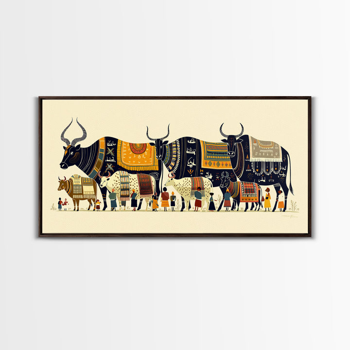 Patterned Watusi Cattle Parade Wall Art, African Fabric Canvas Print, Ankara Decor, Cultural Home Decor Unique Gift For Her