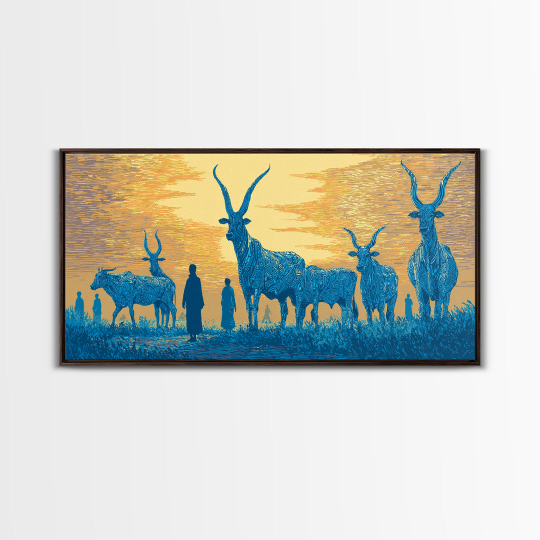 Blue Watusi Cattle Sunset Wall Art, African Safari Art Canvas Print, African Landscape, Rustic Living Room Decor Gift For Him