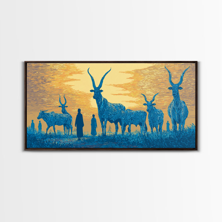 Blue Watusi Cattle Sunset Wall Art, African Safari Art Canvas Print, African Landscape, Rustic Living Room Decor Gift For Him