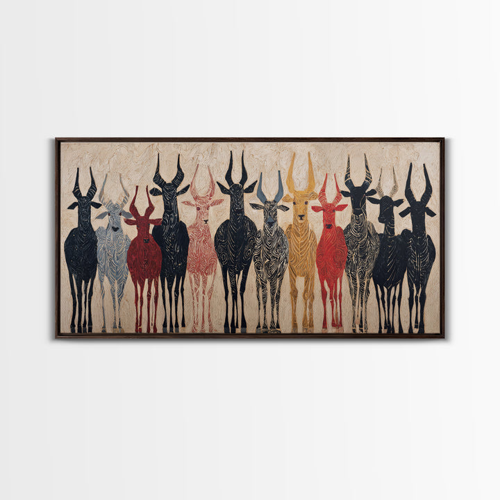 Tribal Antelope Herd Wall Art, African Tribal Art Canvas Print, Earth Tone Safari Decor, Bold Ethnic Wall Decor Gift For Home