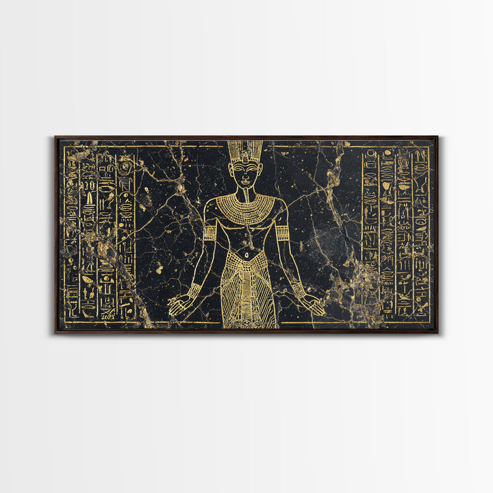 Gold Egyptian Queen Wall Art, African Egyptian Art Canvas Print, Hieroglyph Goddess Portrait, Black And Gold Home Decor Gift