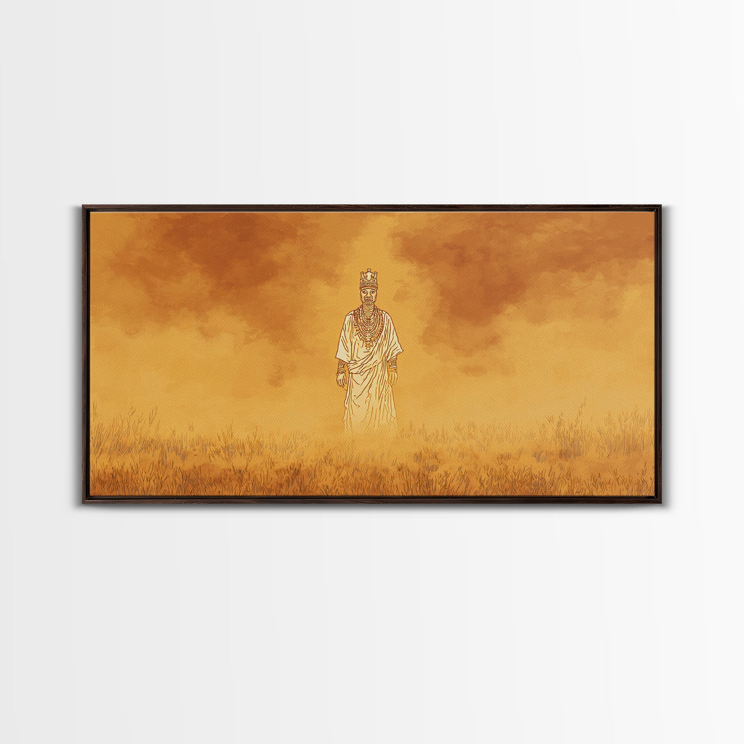 Golden African Spirit Figure Canvas Print, Mystical Savanna Landscape, Earth Tone Afrocentric Decor, Spiritual Wall Art Gift