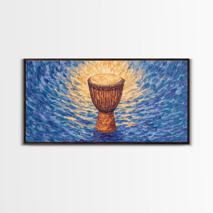 Solo Djembe Drum Framed Canvas Print, African Music Wall Art, Blue Gold Cultural Decor, Afrocentric Rhythm Gift For Living Room