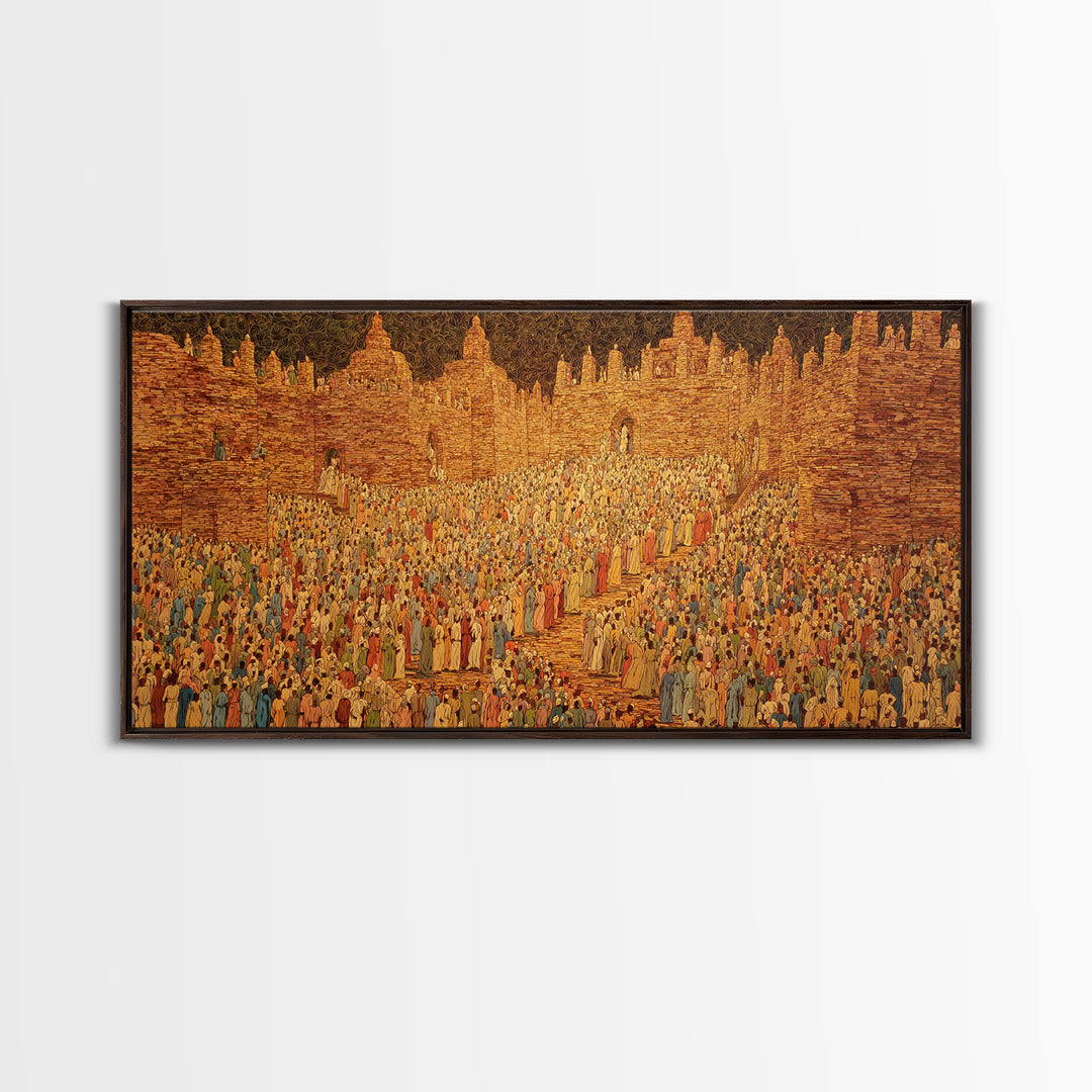 Golden West African City Crowd Canvas Print, Abstract Cultural Wall Decor, Ancient Architecture Art, Warm Earth Tone Gift