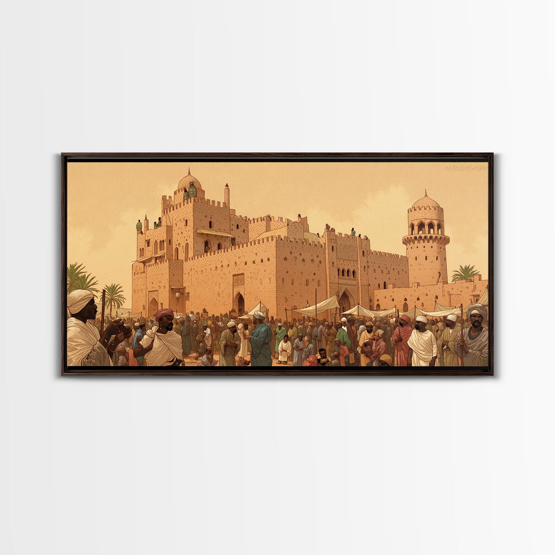 Desert Palace Market Framed Canvas Print, African Travel Wall Decor, Historic Cityscape Painting, Cultural Home Decor Gift