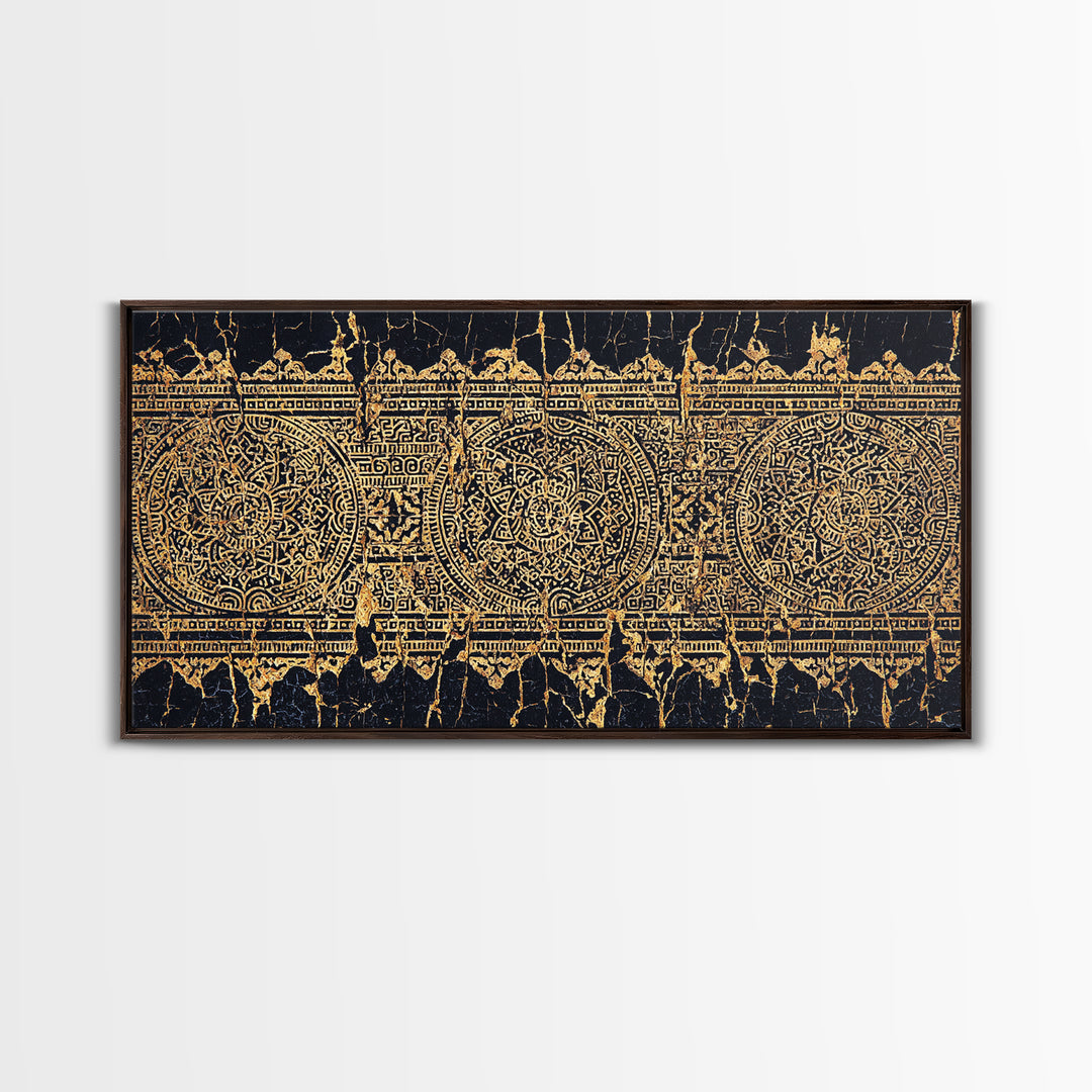 Gold Tribal Pattern Wall Art, African Abstract Textile Print, Black And Gold Decor, Boho Ethnic Home Decor Canvas Print Gift