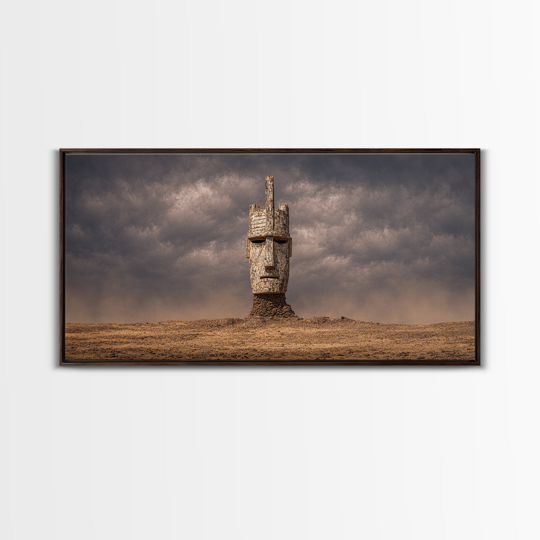 Weathered African Mask Framed Canvas Print, Desert Storm Sculpture Portrait, Tribal Wall Art, Mystical Cultural Decor Gift