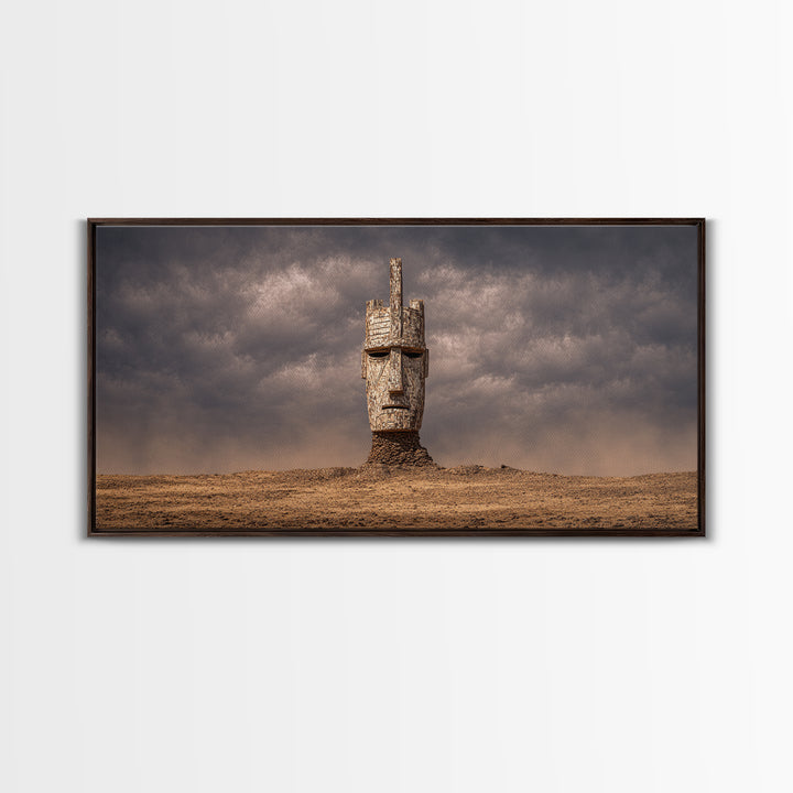 Weathered African Mask Framed Canvas Print, Desert Storm Sculpture Portrait, Tribal Wall Art, Mystical Cultural Decor Gift