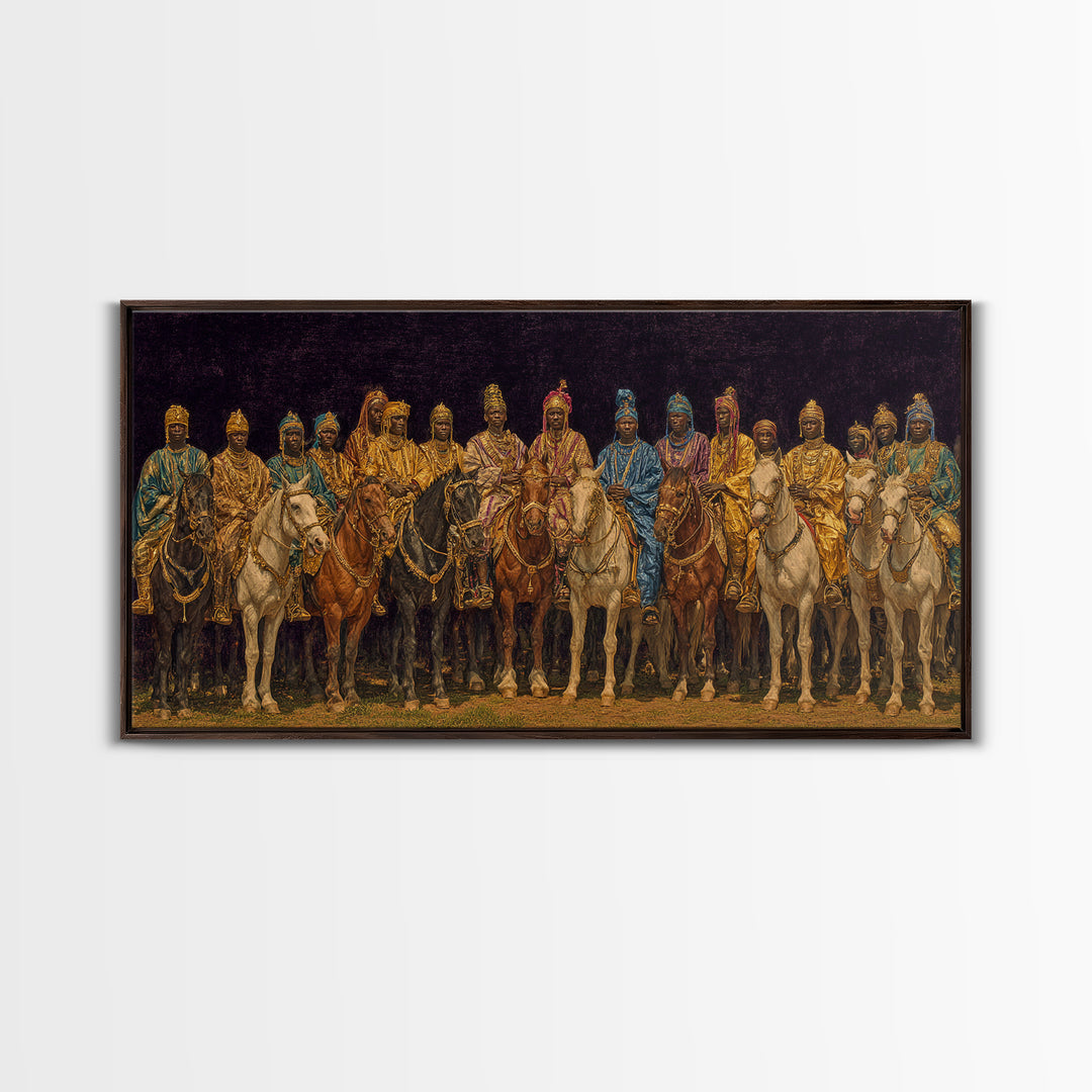 Golden African Royal Horsemen At Night Wall Art, Luxury Afrocentric Canvas Print, Traditional Tribal Decor, Statement Piece