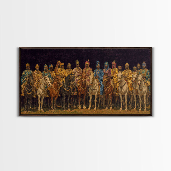 Golden African Royal Horsemen At Night Wall Art, Luxury Afrocentric Canvas Print, Traditional Tribal Decor, Statement Piece