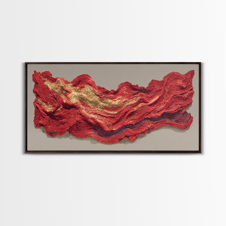 Red And Gold Beaded Wave Sculpture Wall Art, African Abstract Textile Decor, Luxury Canvas Print, Bold Contemporary Home Accent