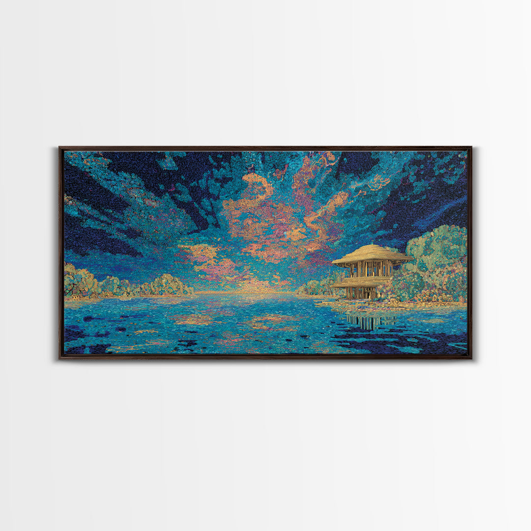 Moonlit Tropical Lagoon Hut Wall Art, Blue Coastal Landscape Canvas, Modern African Inspired Home Decor, Dreamy Living Room Art